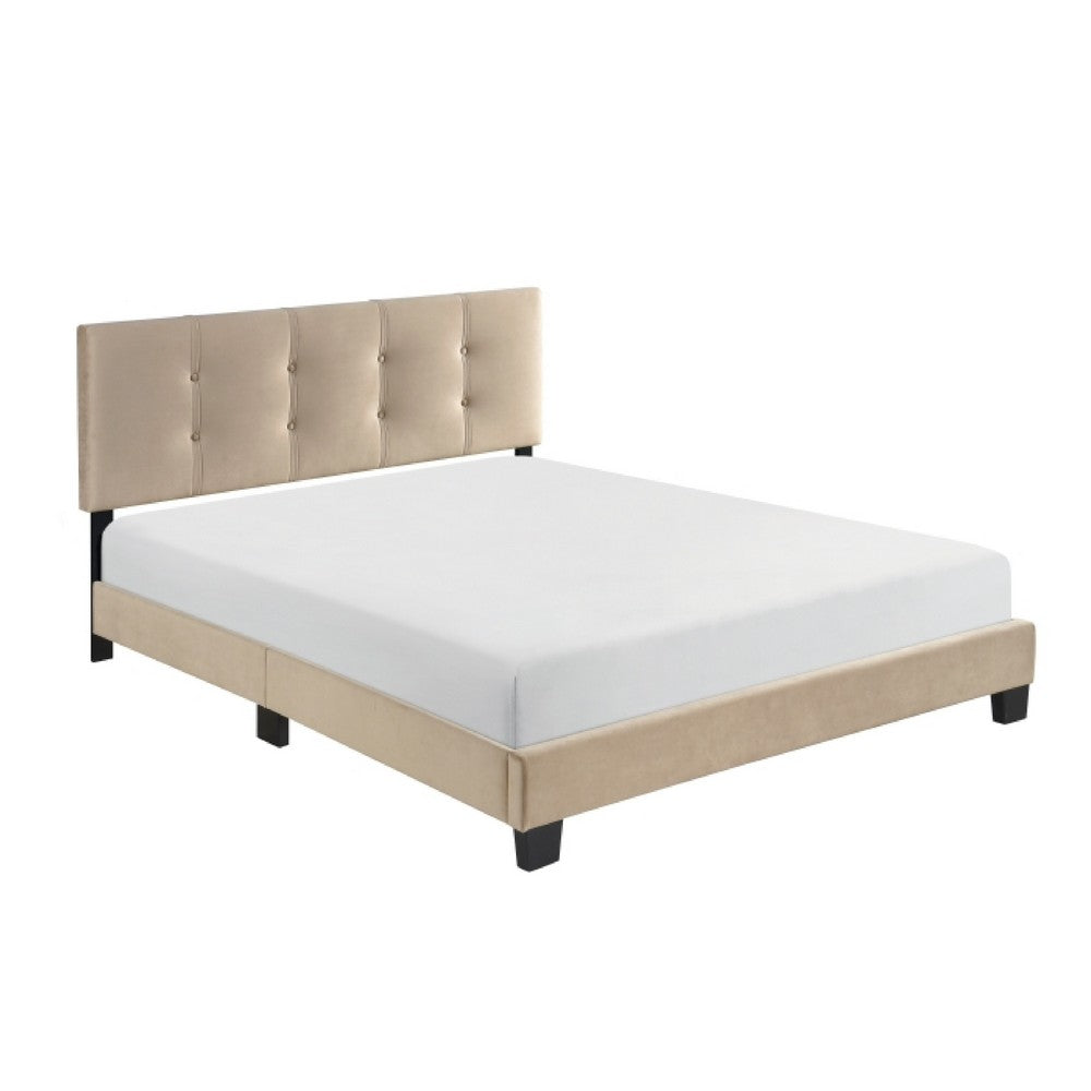 Viki Queen Platform Bed | Button Tufted | Light Brown Velvet Upholstery