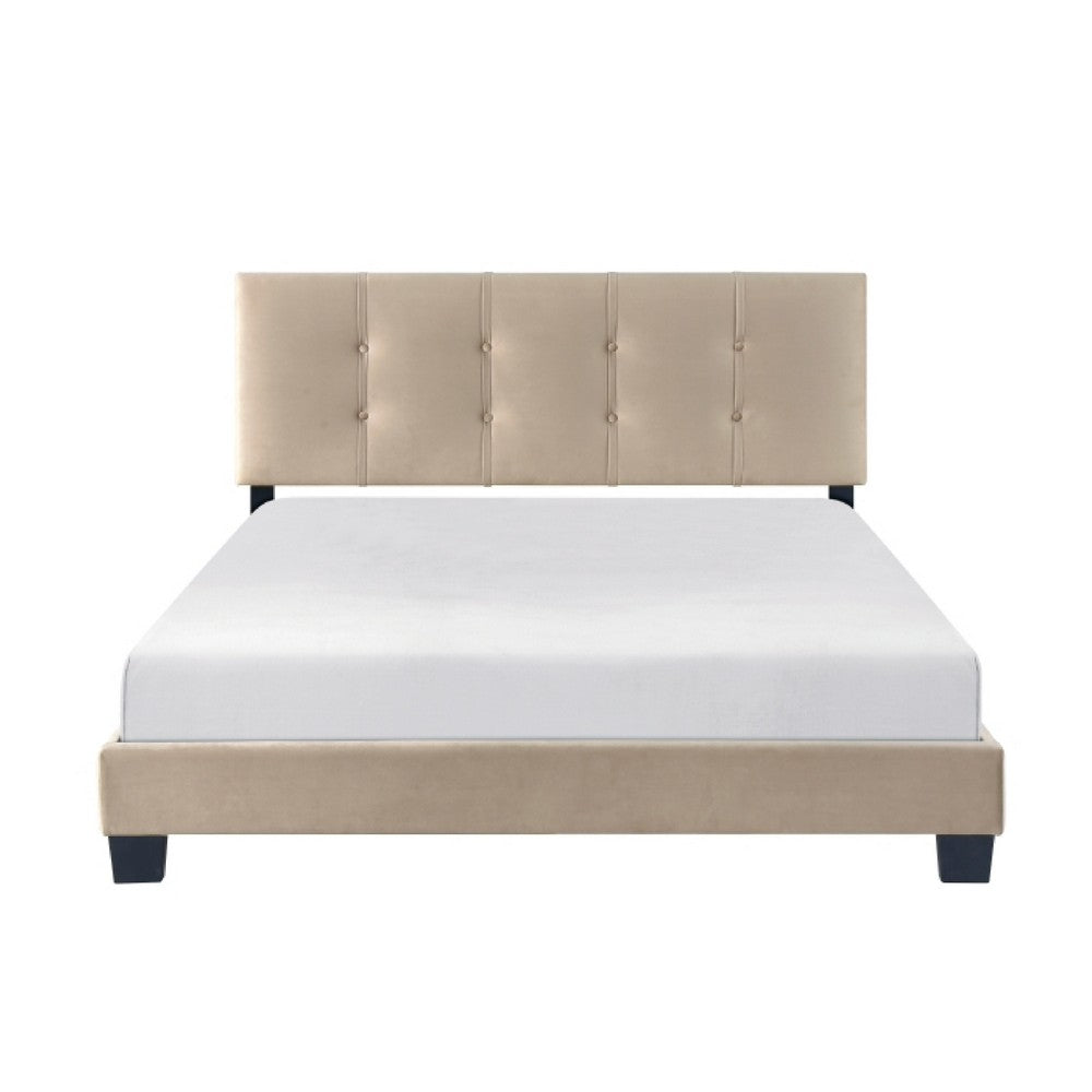 Viki Queen Platform Bed | Button Tufted | Light Brown Velvet Upholstery