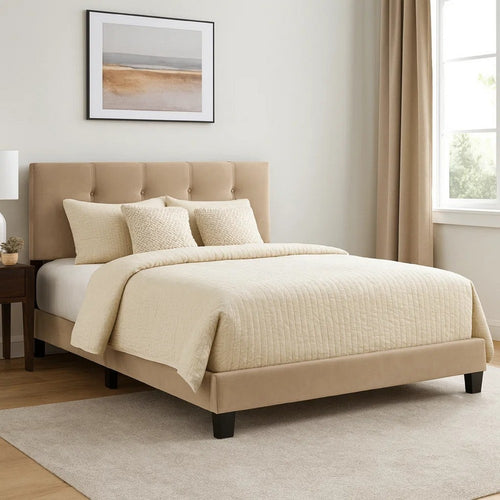 Viki Queen Platform Bed | Button Tufted | Light Brown Velvet Upholstery