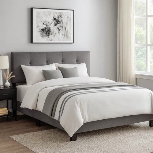 Viki Queen Platform Bed | Button Tufted | Dark Gray Velvet Upholstery