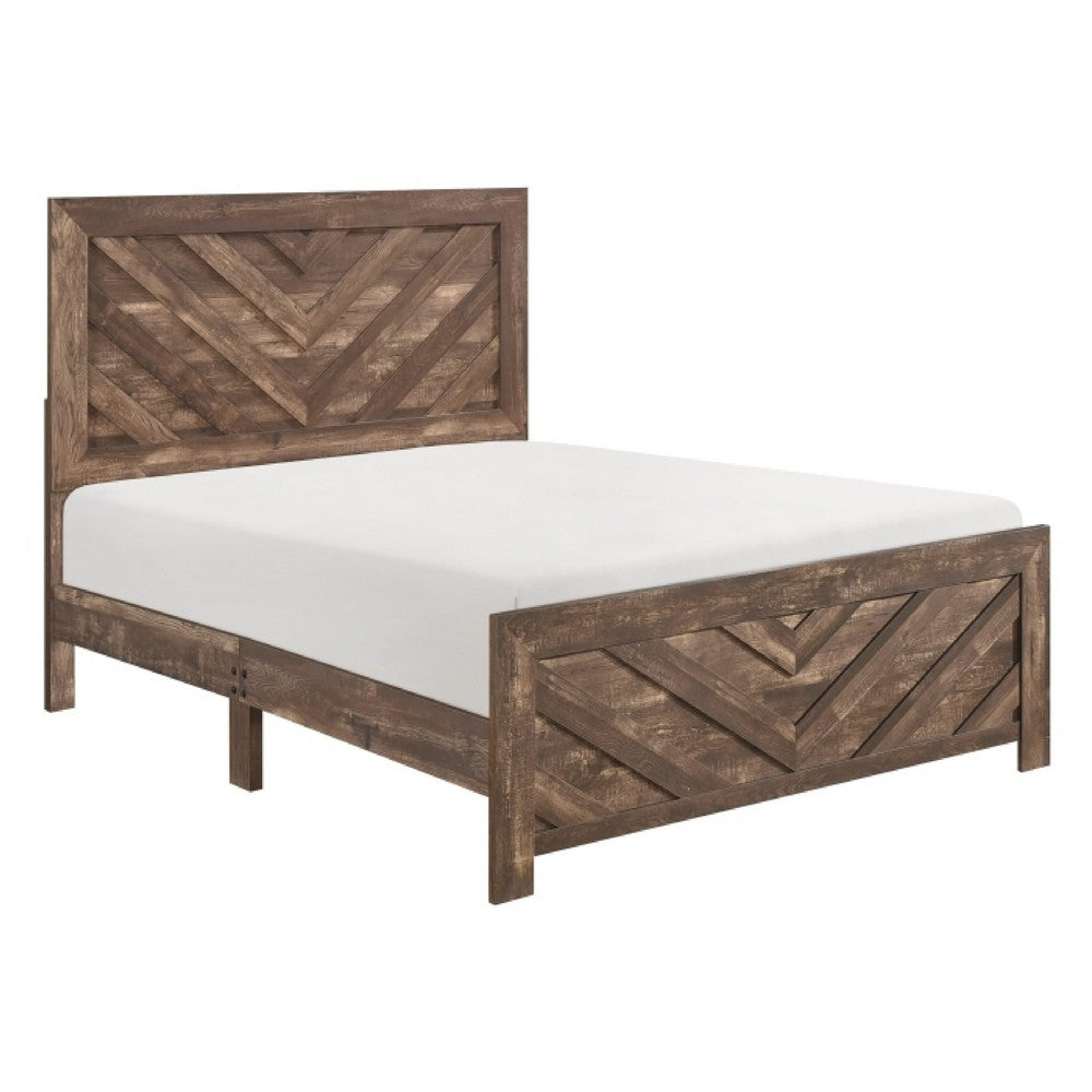 Eby Queen Size Bed | Modern Chevron Panel Design | Veneer Brown
