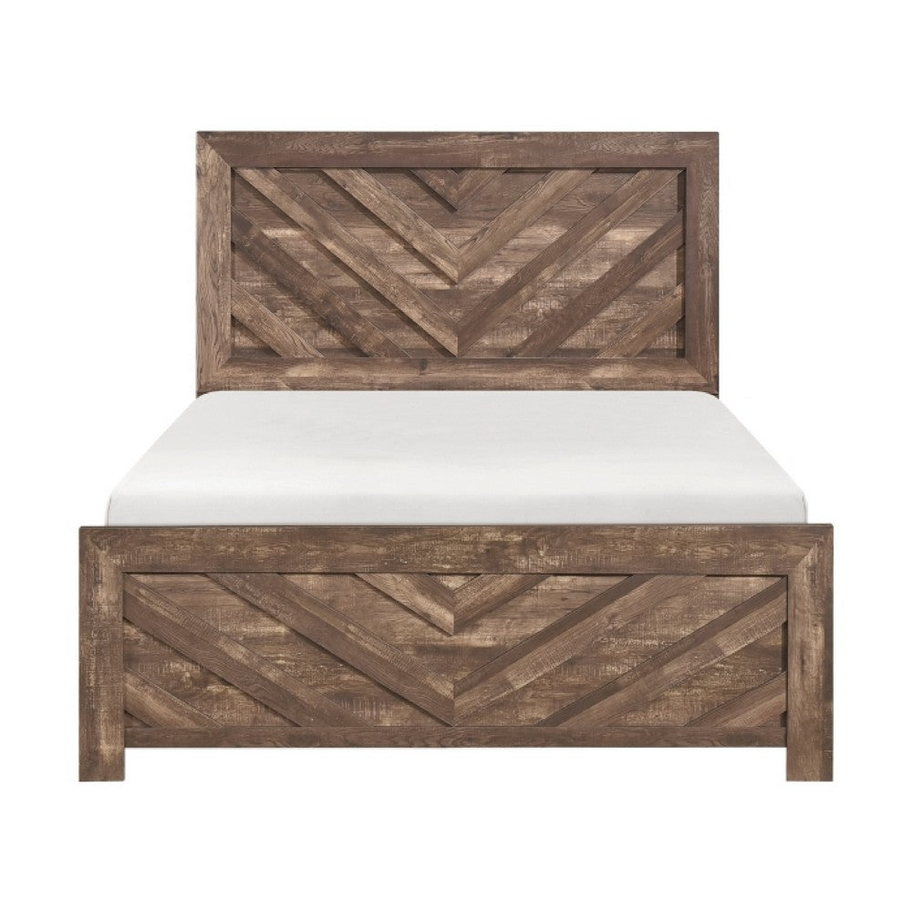 Eby Queen Size Bed | Modern Chevron Panel Design | Veneer Brown