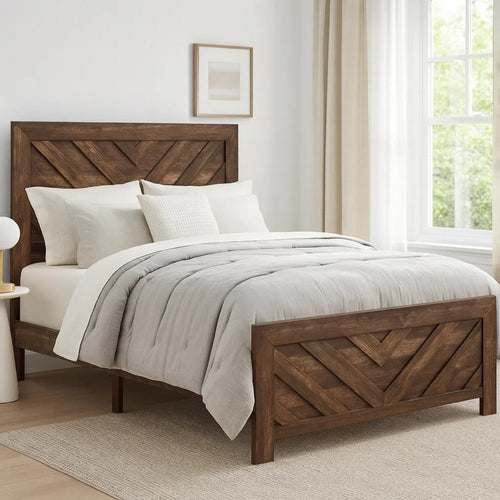 Eby Queen Size Bed | Modern Chevron Panel Design | Veneer Brown
