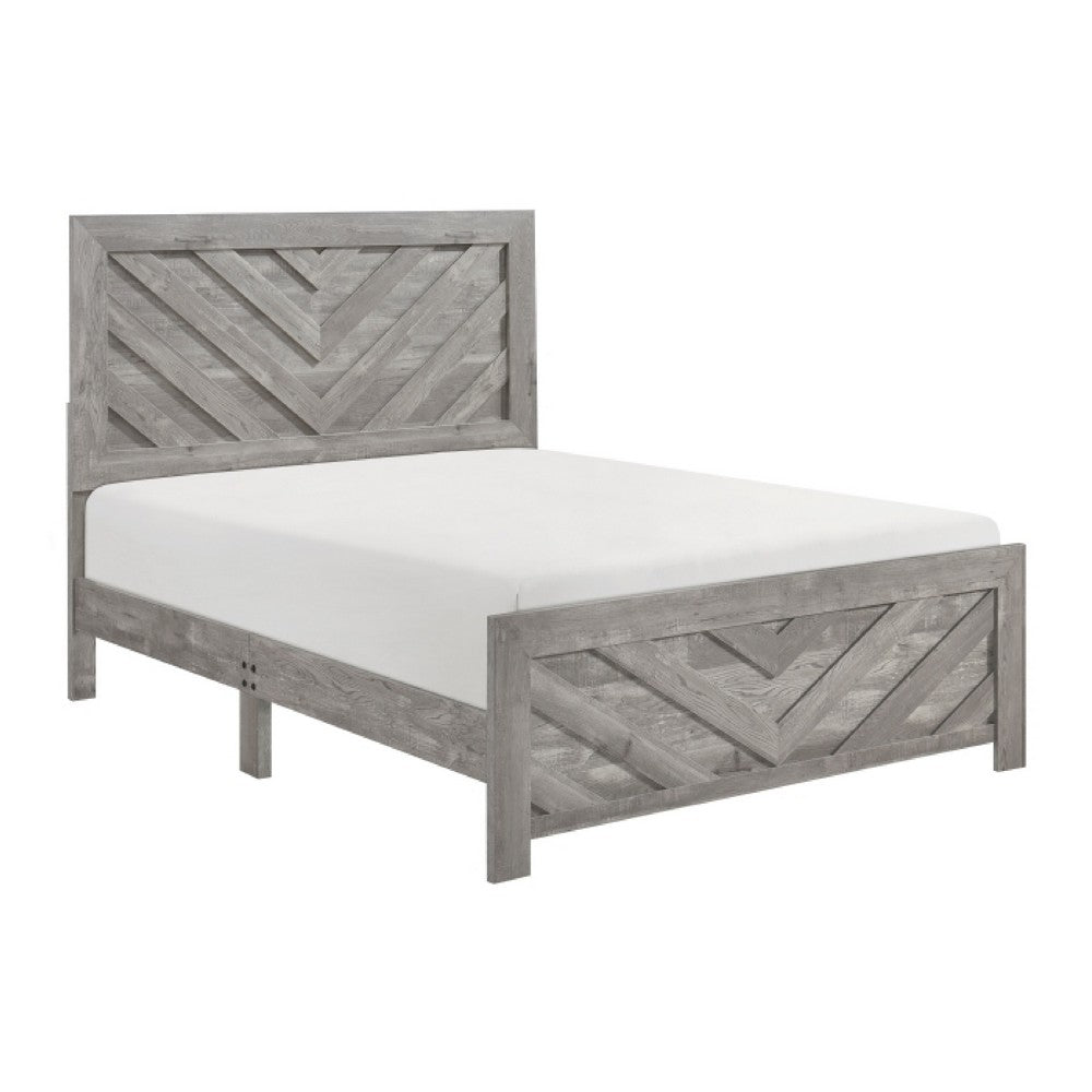 Eby Queen Size Bed | Modern Chevron Panel Design |Gray Veneer