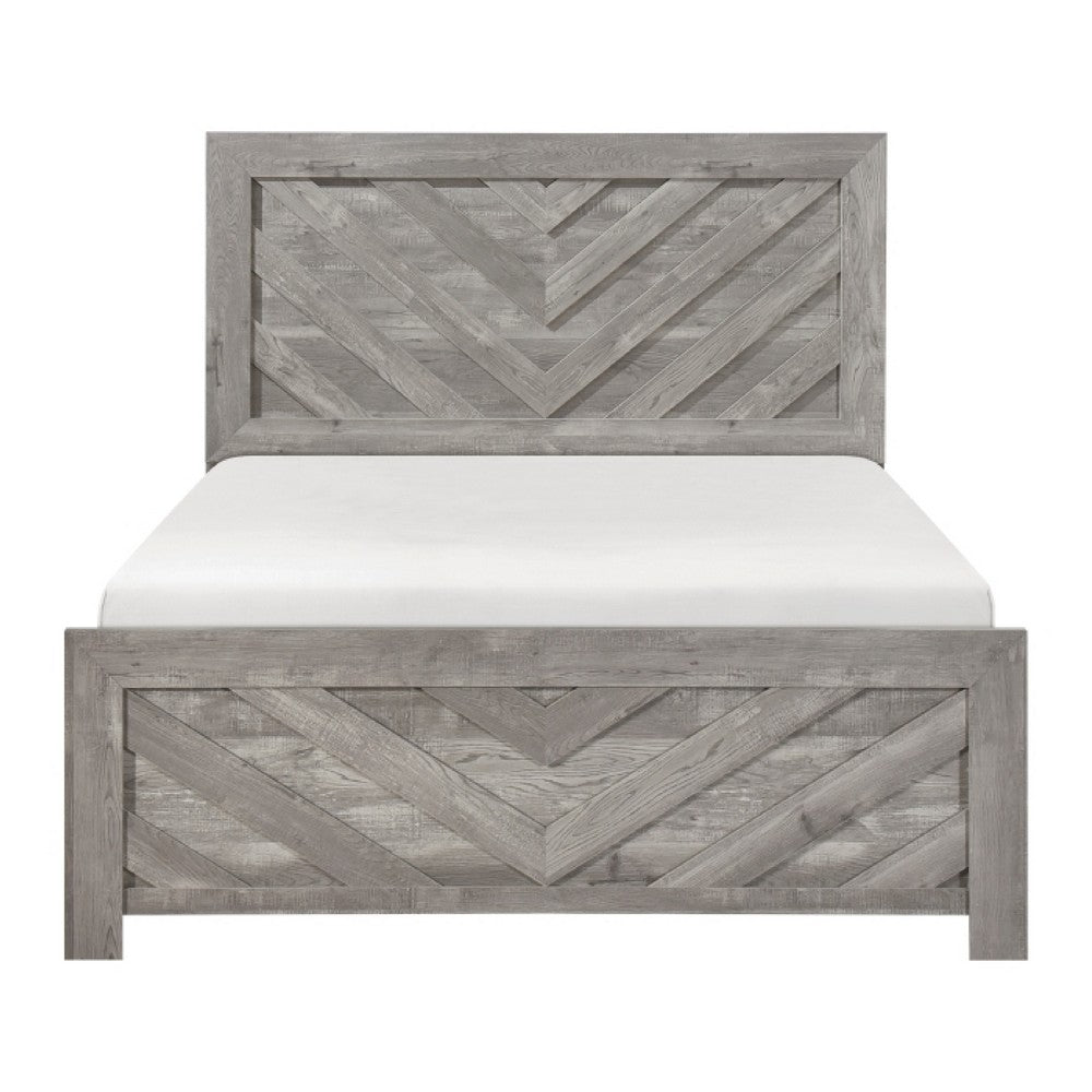 Eby Queen Size Bed | Modern Chevron Panel Design |Gray Veneer