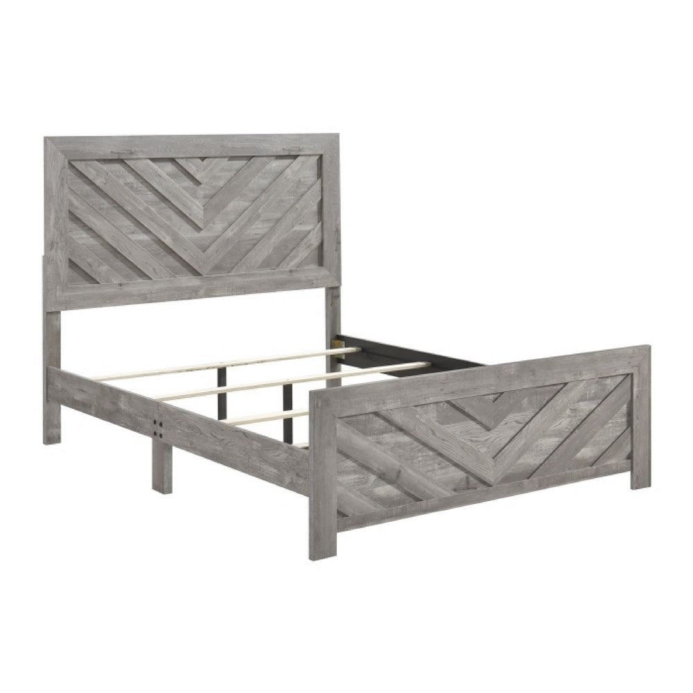 Eby Queen Size Bed | Modern Chevron Panel Design |Gray Veneer