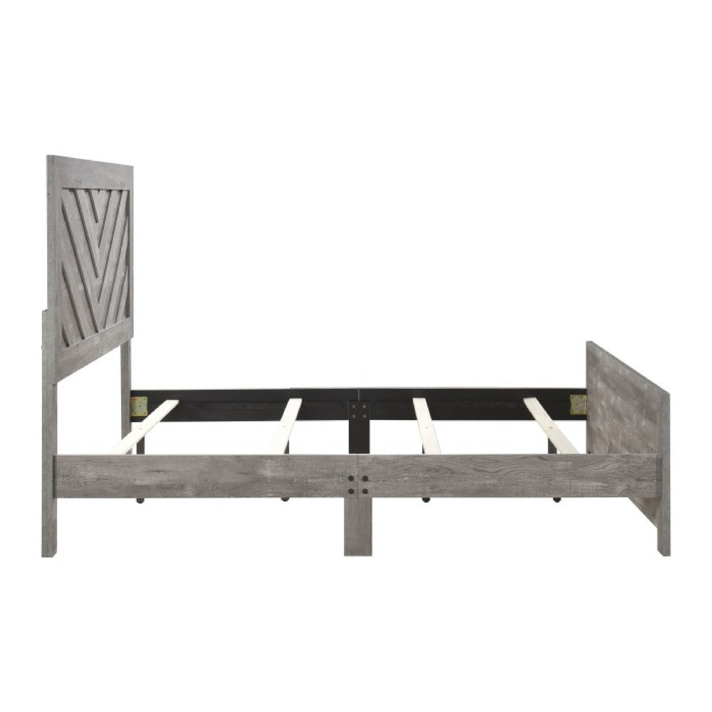 Eby Queen Size Bed | Modern Chevron Panel Design |Gray Veneer