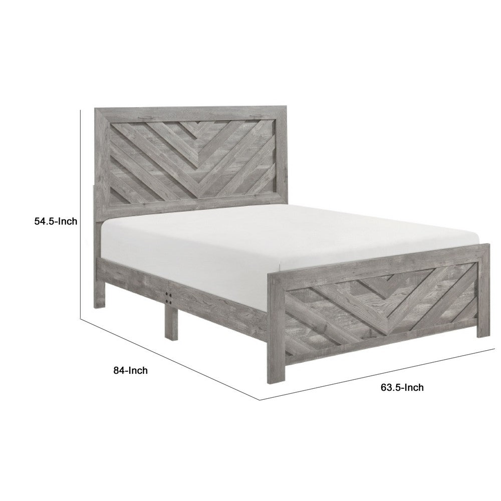 Eby Queen Size Bed | Modern Chevron Panel Design |Gray Veneer
