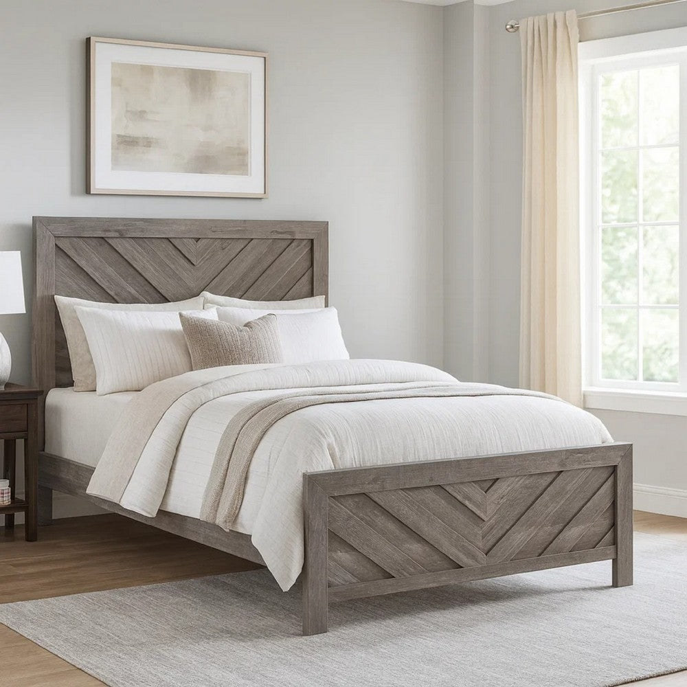 Eby Queen Size Bed | Modern Chevron Panel Design |Gray Veneer