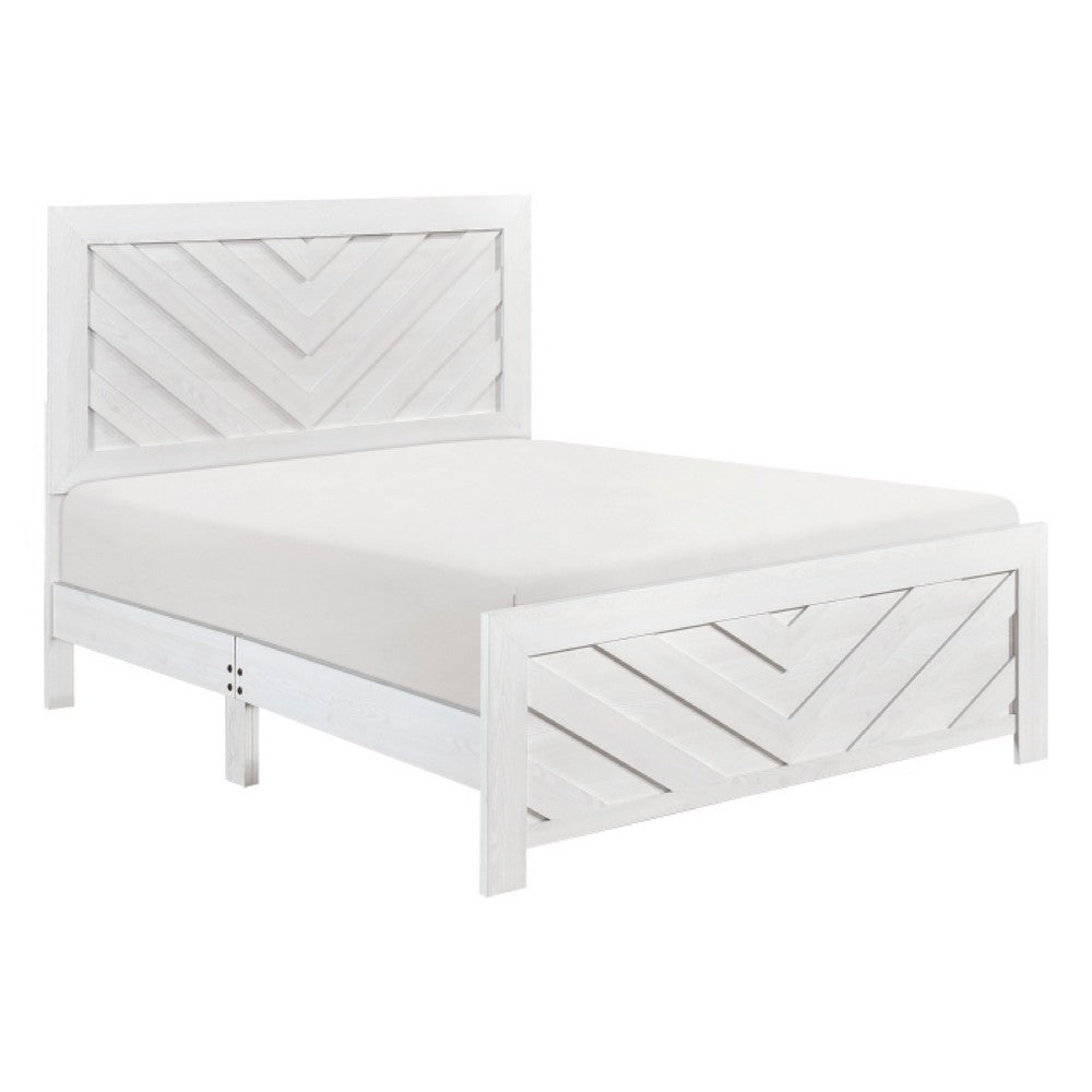 Eby Queen Size Bed | Modern Chevron Panel Design | White Veneer