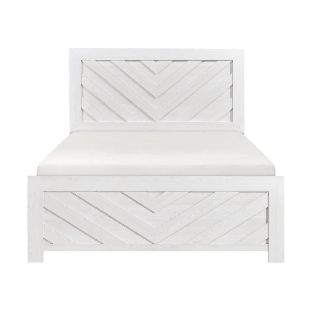 Eby Queen Size Bed | Modern Chevron Panel Design | White Veneer