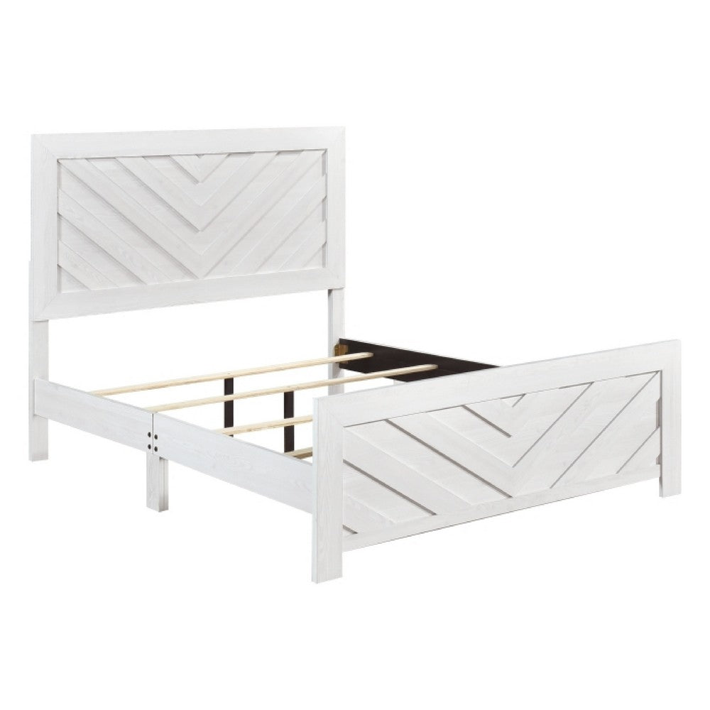 Eby Queen Size Bed | Modern Chevron Panel Design | White Veneer