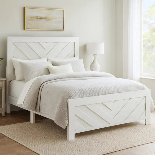 Eby Queen Size Bed | Modern Chevron Panel Design | White Veneer