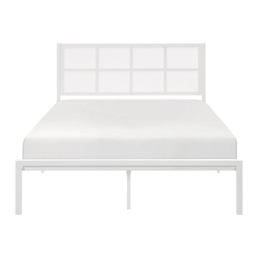 Annie Queen Size Platform Bed w Faux Cane Headboard | White Metal