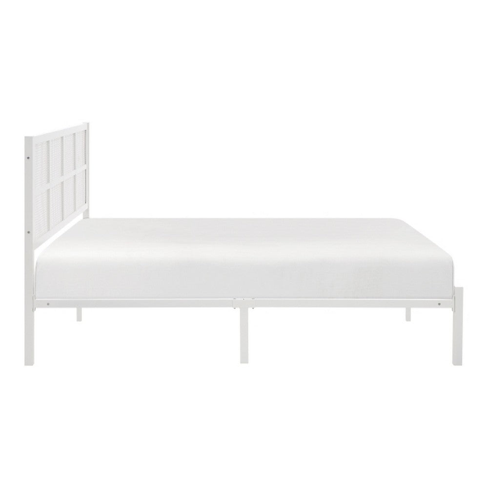 Annie Queen Size Platform Bed w Faux Cane Headboard | White Metal
