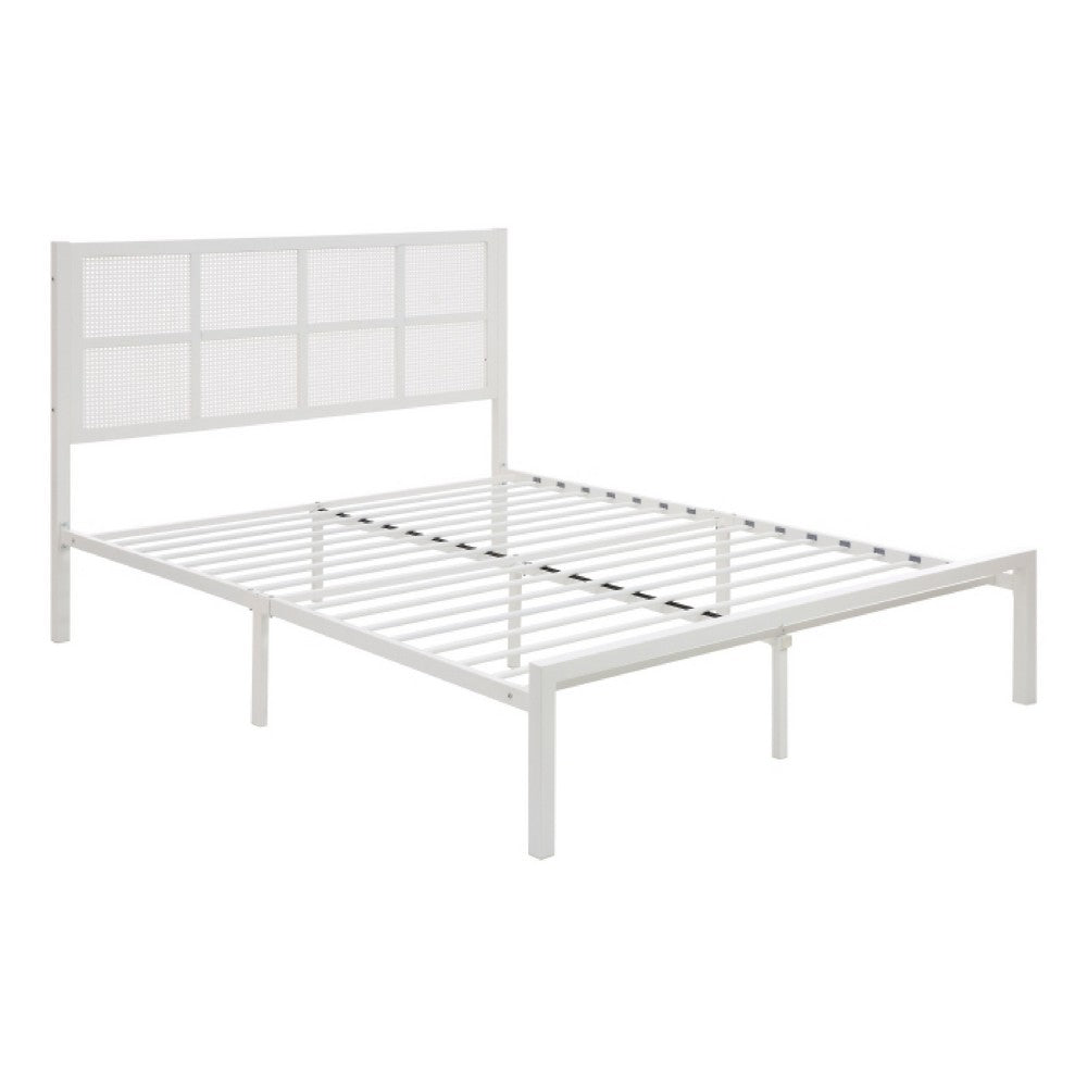Annie Queen Size Platform Bed w Faux Cane Headboard | White Metal