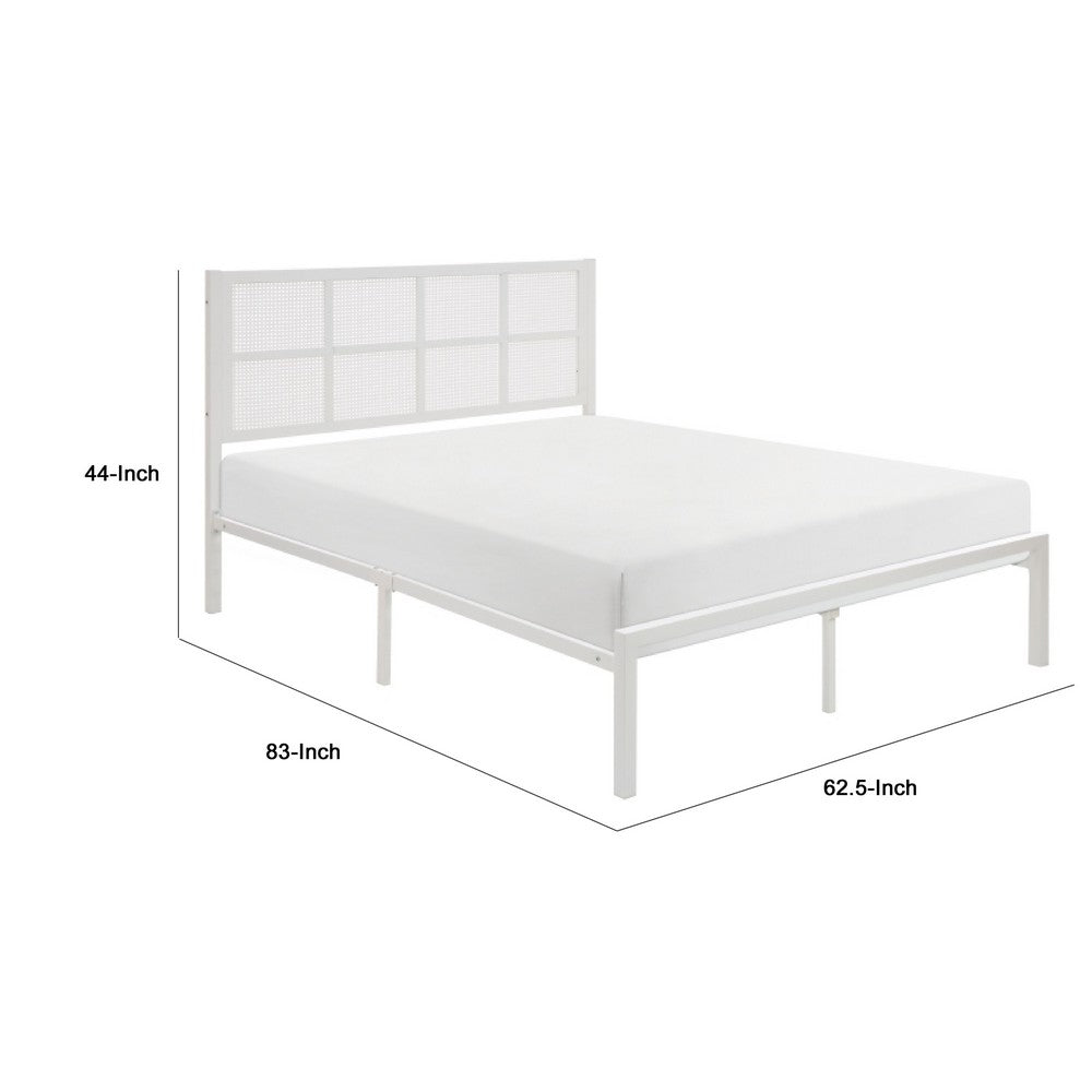 Annie Queen Size Platform Bed w Faux Cane Headboard | White Metal