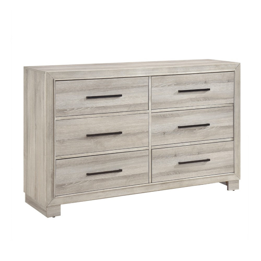 Evy 59" Wide Dresser | 6 Drawers w Antique Brass Handles | Gray Melamine
