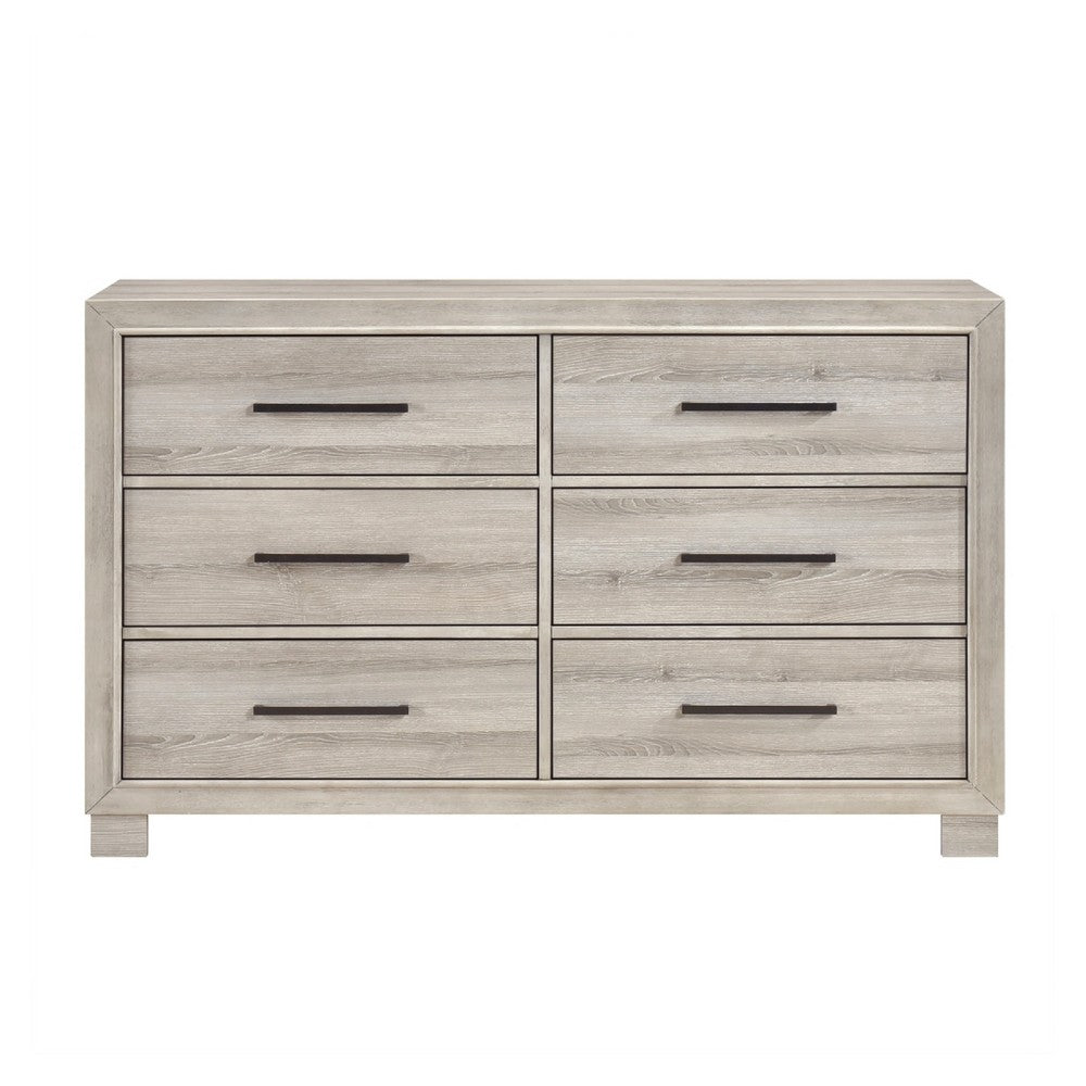 Evy 59" Wide Dresser | 6 Drawers w Antique Brass Handles | Gray Melamine