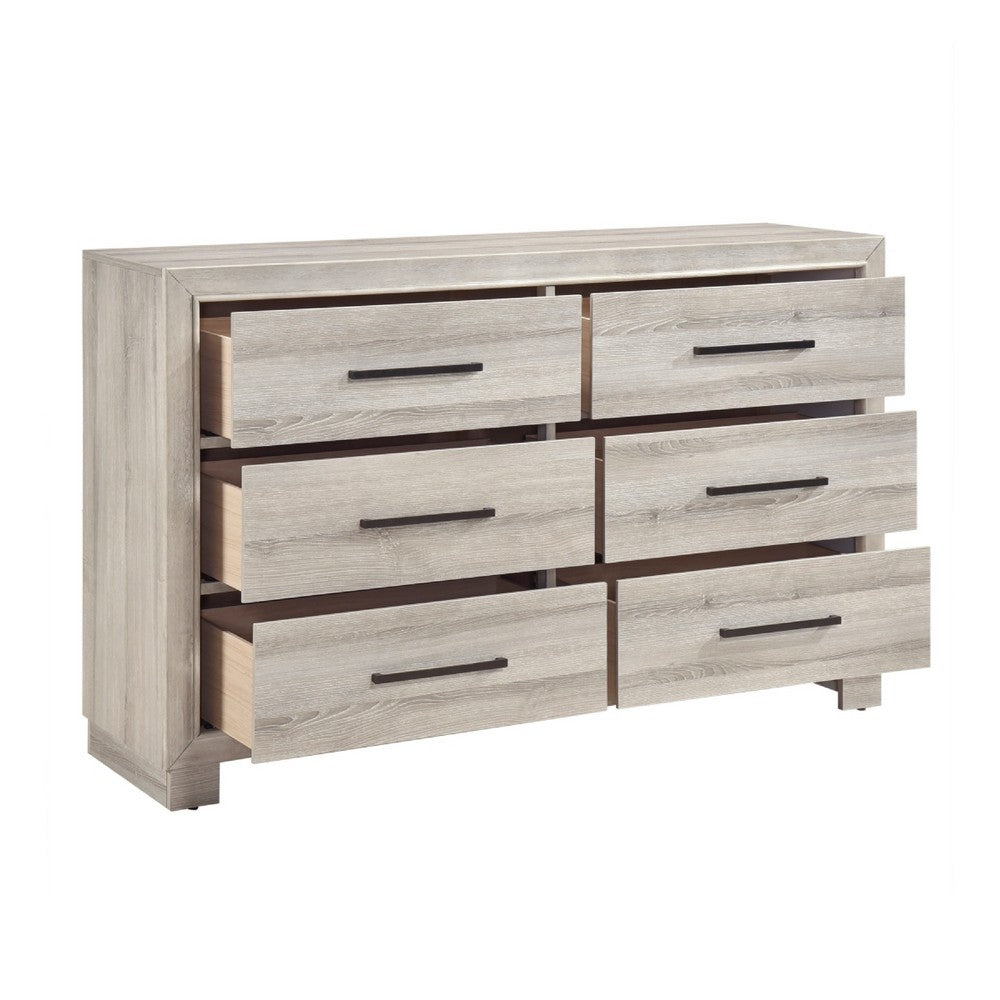 Evy 59" Wide Dresser | 6 Drawers w Antique Brass Handles | Gray Melamine