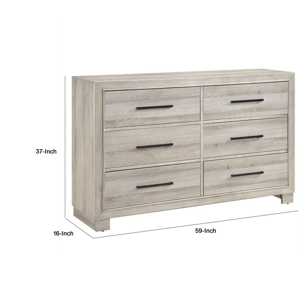 Evy 59" Wide Dresser | 6 Drawers w Antique Brass Handles | Gray Melamine