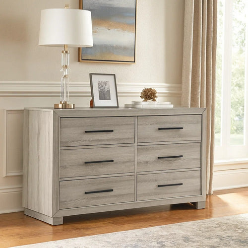 Evy 59" Wide Dresser | 6 Drawers w Antique Brass Handles | Gray Melamine