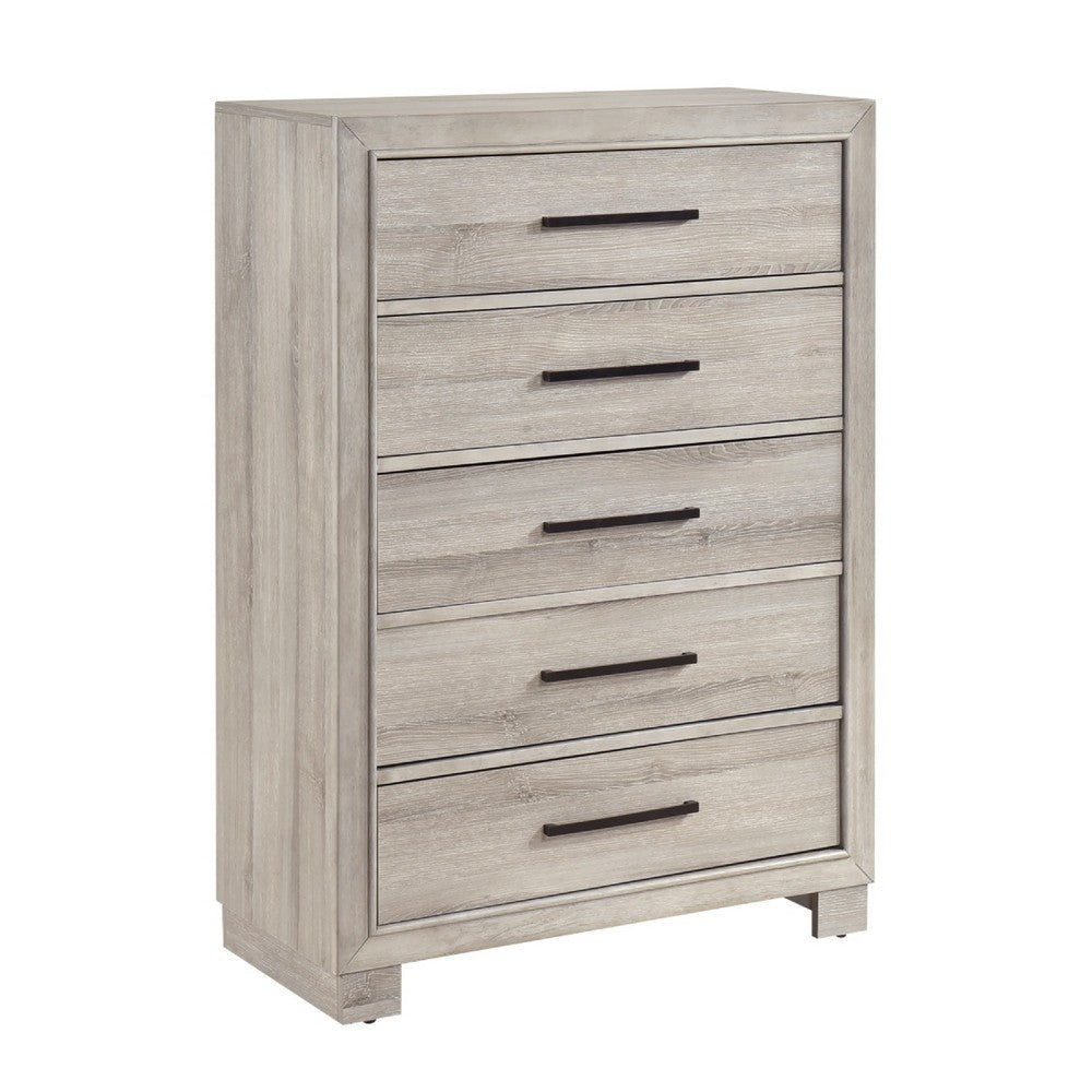 Evy Tall Dresser Chest | 5 Drawers w Antique Brass Handles | Gray Melamine