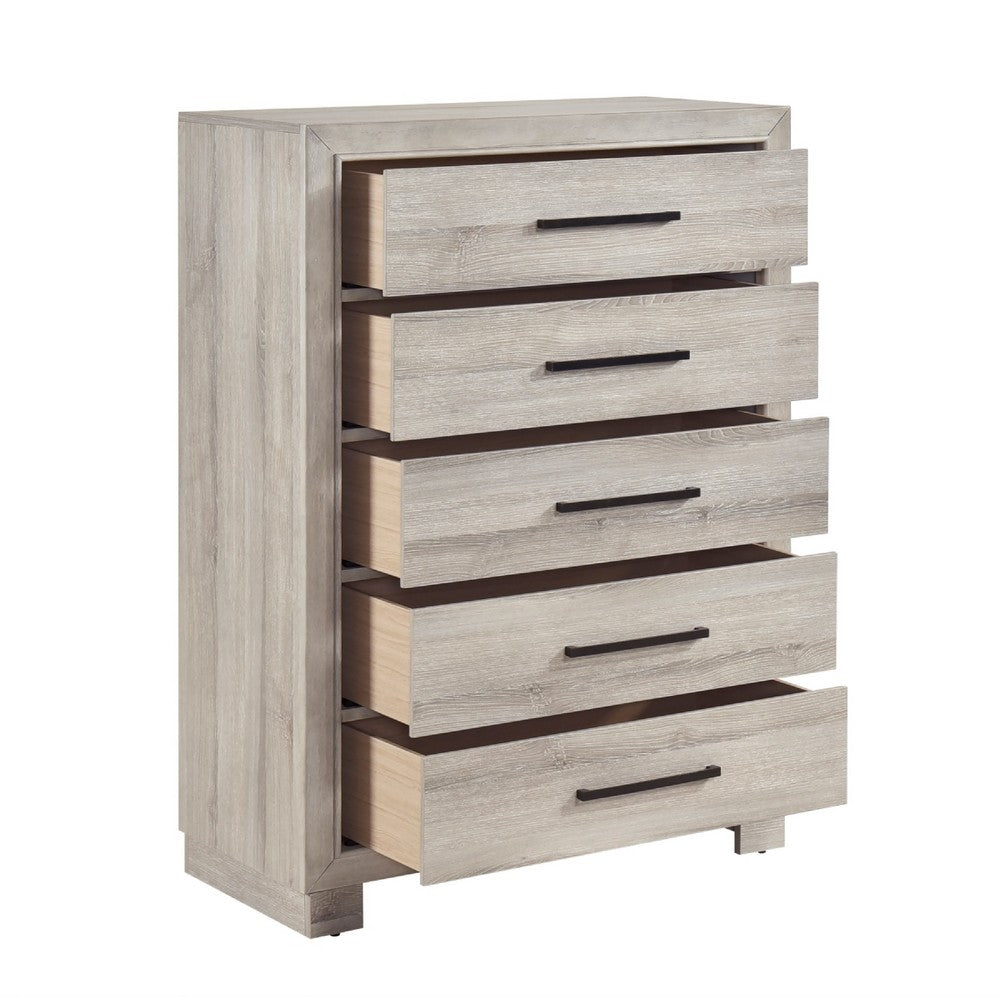 Evy Tall Dresser Chest | 5 Drawers w Antique Brass Handles | Gray Melamine