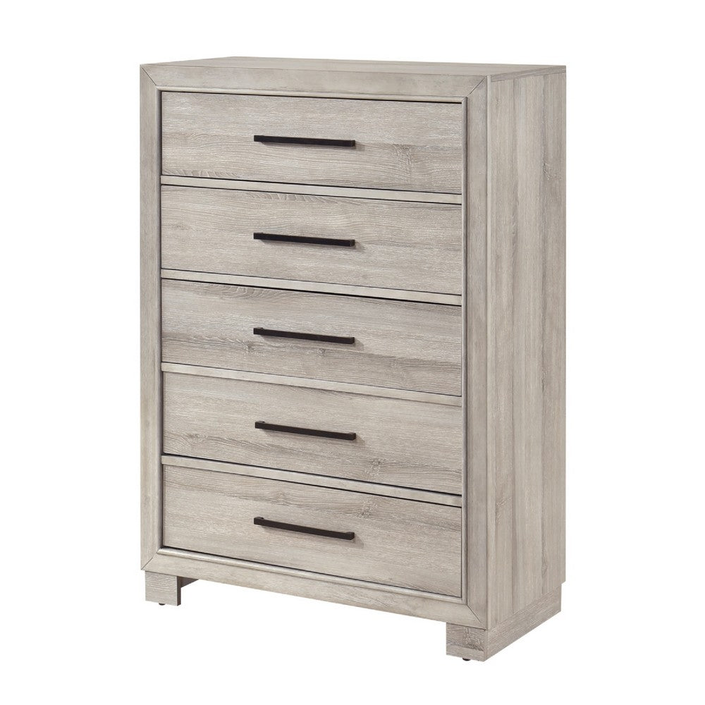 Evy Tall Dresser Chest | 5 Drawers w Antique Brass Handles | Gray Melamine