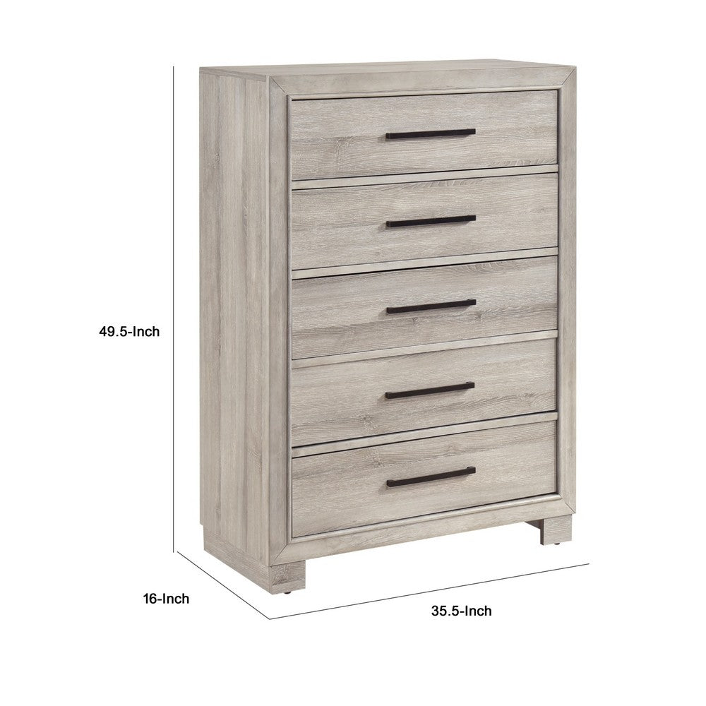 Evy Tall Dresser Chest | 5 Drawers w Antique Brass Handles | Gray Melamine