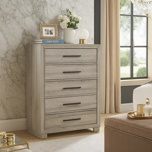 Evy Tall Dresser Chest | 5 Drawers w Antique Brass Handles | Gray Melamine
