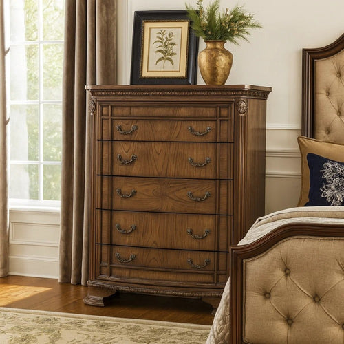 Brix Tall Dresser Chest | 5 Drawers w Bronze Drop Handles | Dark Brown