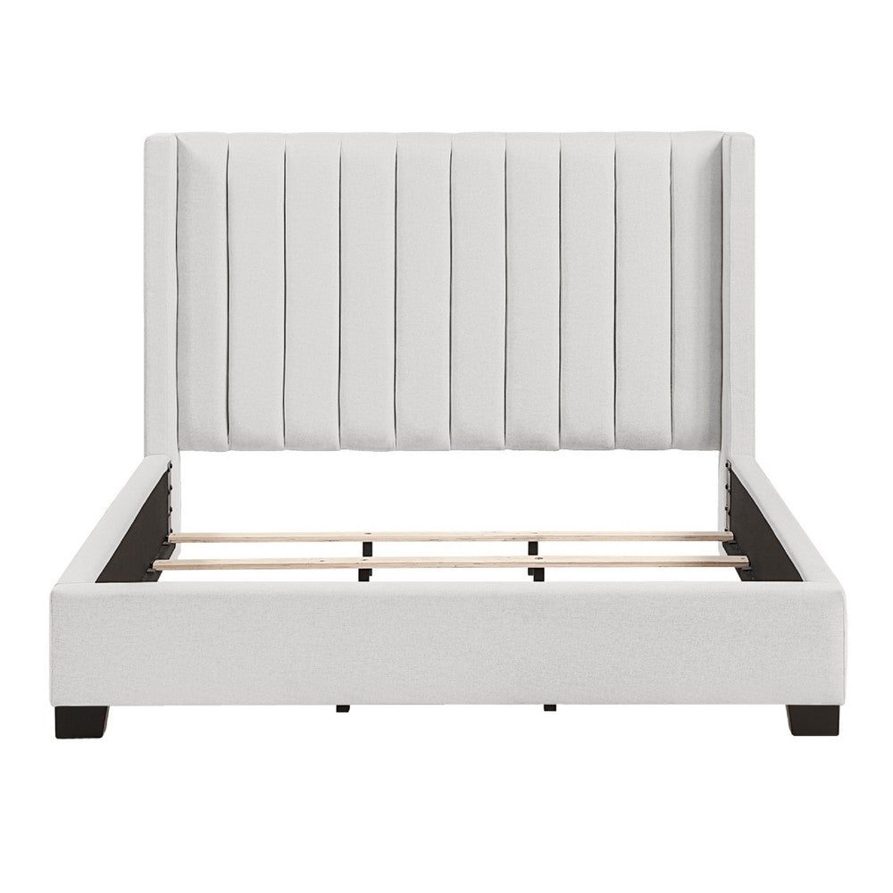 Mexy Queen Size Bed | Beige Upholstery Channel Tufted Wingback Design
