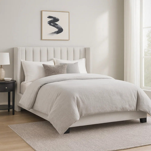 Mexy Queen Size Bed | Beige Upholstery Channel Tufted Wingback Design