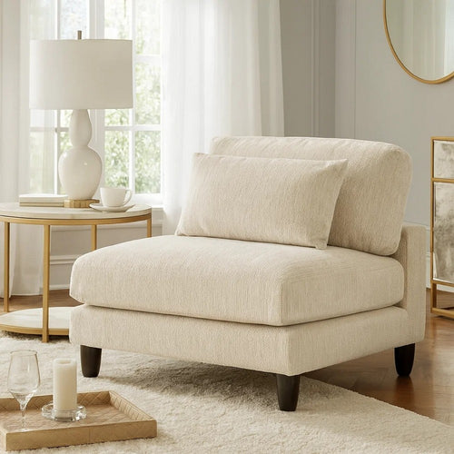 Mear Armless Chair | Beige Microfiber | Lumbar Pillow | Black Wood Legs