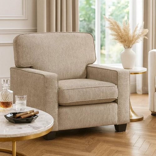 Kaia Accent Armchair | Taupe Gray Chenille | Track Arms | Black Wood Legs
