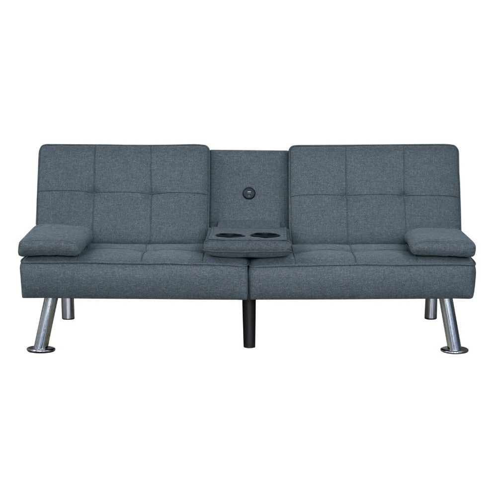 Convertible Folding Futon Sofa Bed | Gray Fabric | Silver Metal Legs