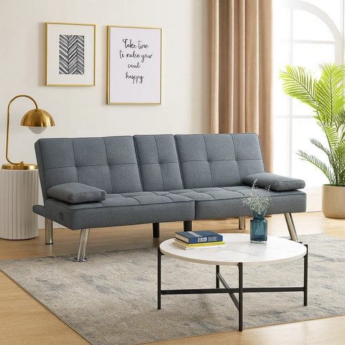 Convertible Folding Futon Sofa Bed | Gray Fabric | Silver Metal Legs