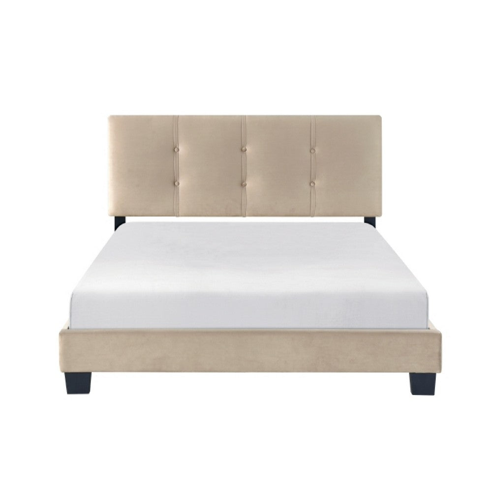 Viki Full Platform Bed | Button Tufted | Light Brown Velvet Upholstery