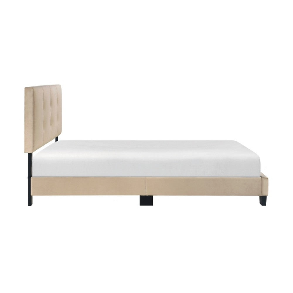 Viki Full Platform Bed | Button Tufted | Light Brown Velvet Upholstery