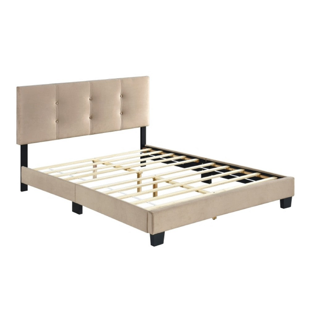 Viki Full Platform Bed | Button Tufted | Light Brown Velvet Upholstery