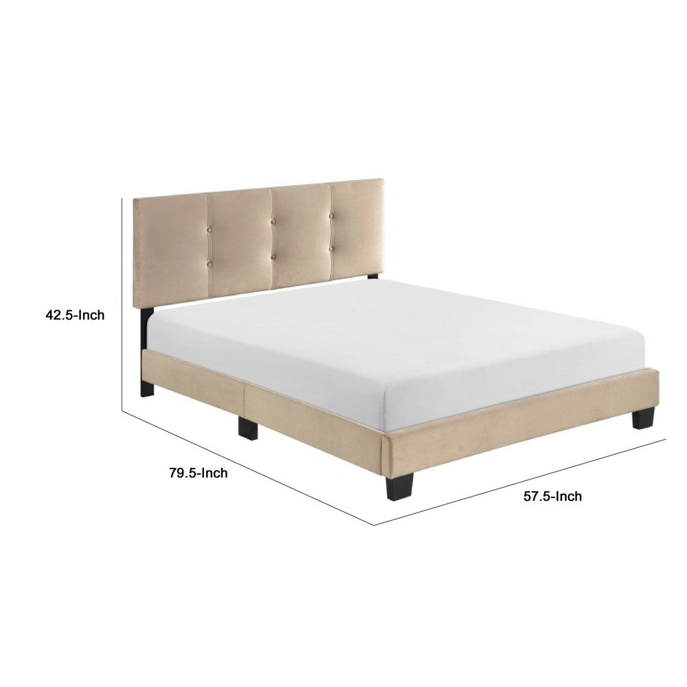 Viki Full Platform Bed | Button Tufted | Light Brown Velvet Upholstery