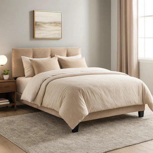 Viki Full Platform Bed | Button Tufted | Light Brown Velvet Upholstery