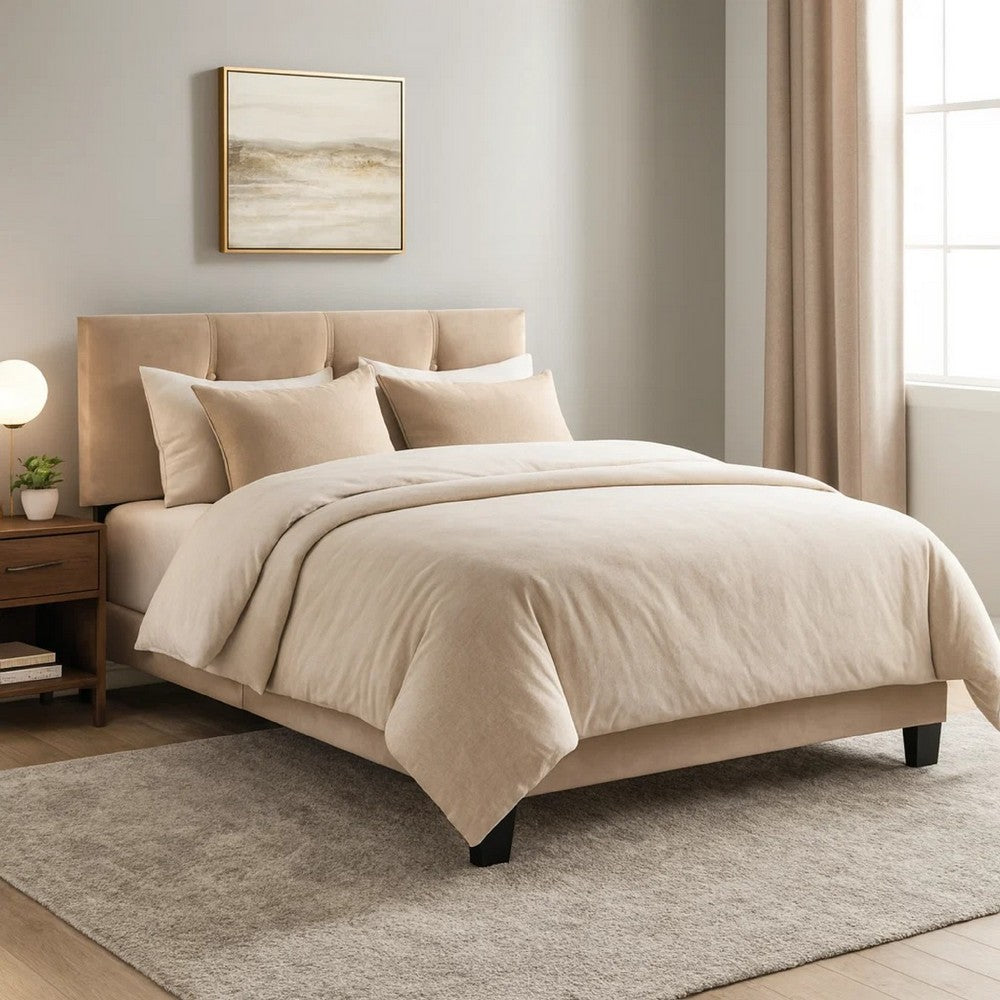 Viki Full Platform Bed | Button Tufted | Light Brown Velvet Upholstery