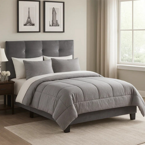 Viki Low Profile Full Platform Bed | Button Tufted | Gray Velvet Upholstery