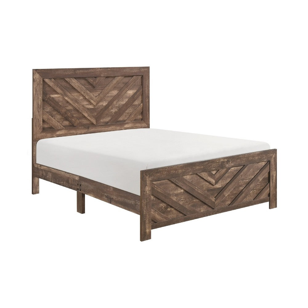 Eby Full Size Bed | Farmhouse Chevron Panel Design Paper Veneer | Brown