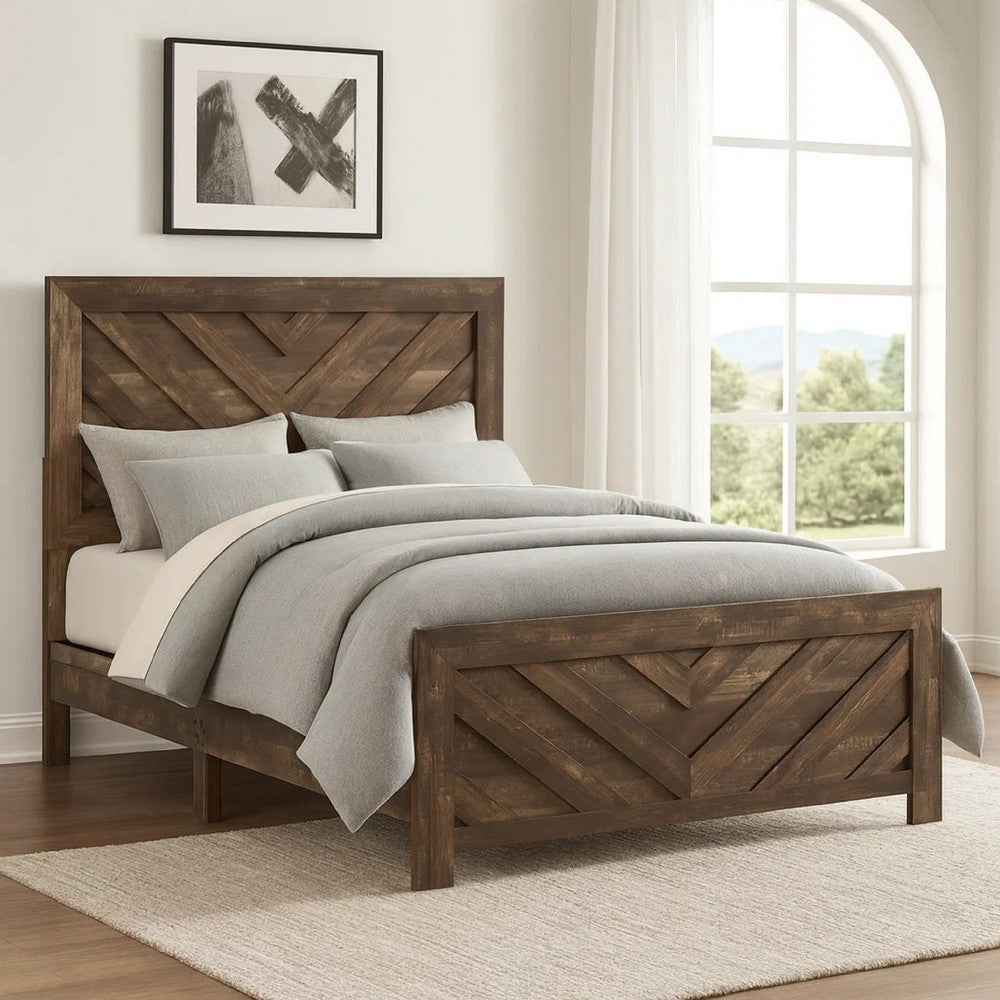 Eby Full Size Bed | Farmhouse Chevron Panel Design Paper Veneer | Brown