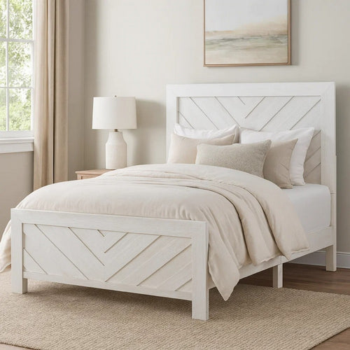 Eby Full Size Bed | Farmhouse Chevron Panel Design | Paper Veneer | White