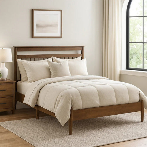 Kemo Full Platform Bed | Slatted Headboard | Minimalist Chestnut Brown