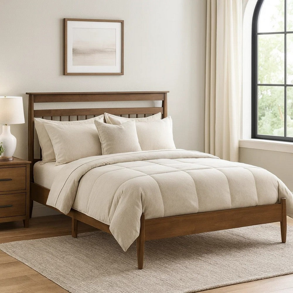 Kemo Full Platform Bed | Slatted Headboard | Minimalist Chestnut Brown